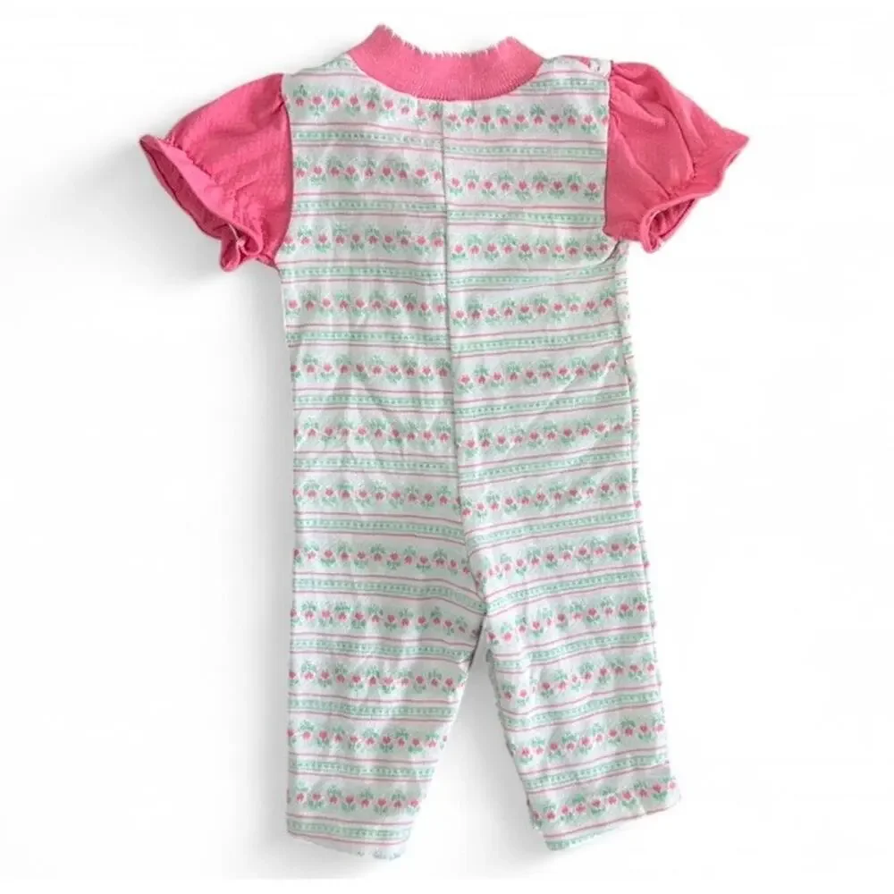 Vintage Healthtex Baby Girl One Piece Outfit Romper Pink Green Floral Tulip 6 Mo